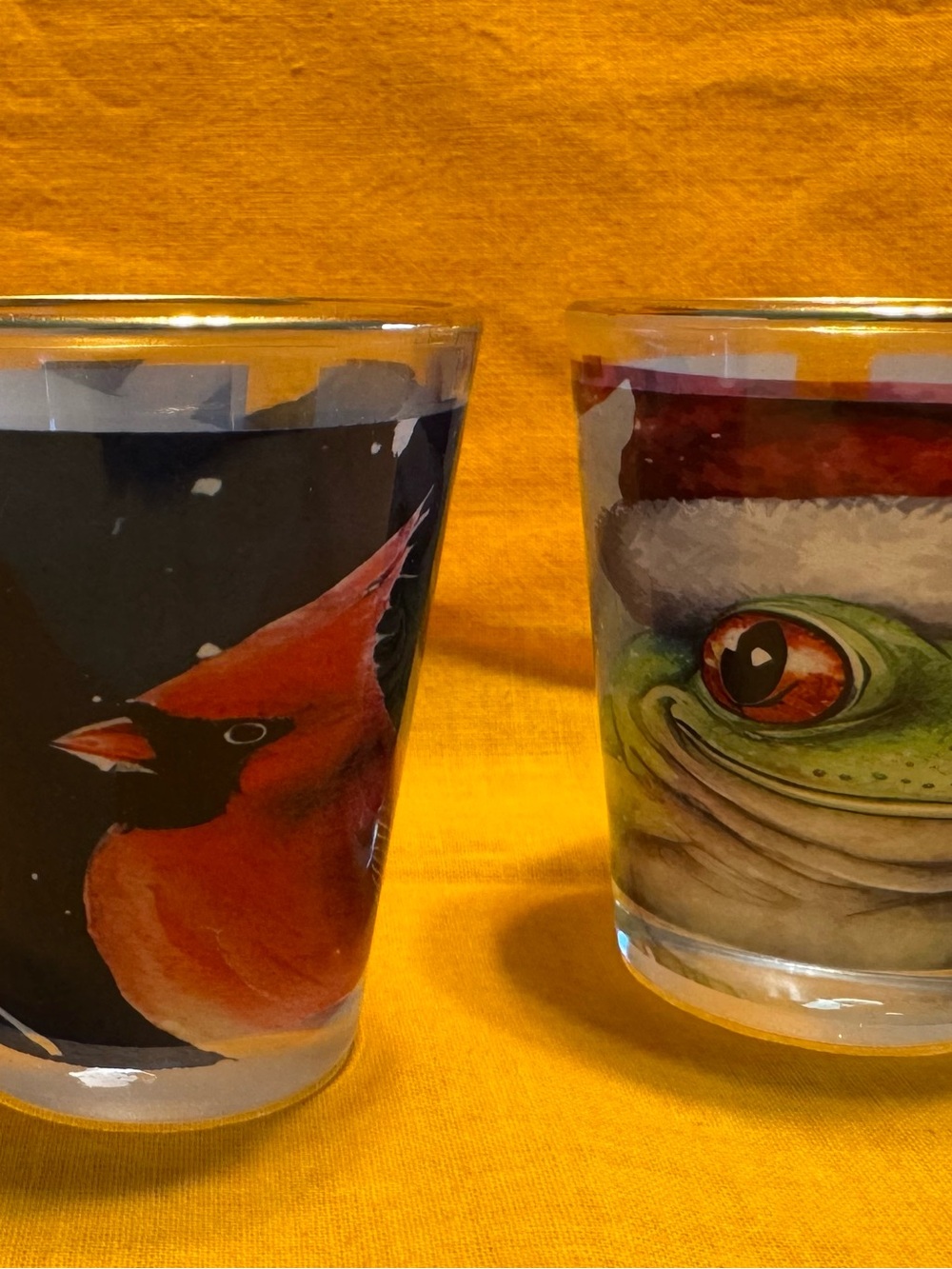 Cardinal and Frog Illustrated Shot Glass  Set - Red, Green, Black